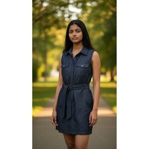Sharagano Dark Soft‎ Denim Minimalist Sleeveless Knee Dress Career Classic Sz 10